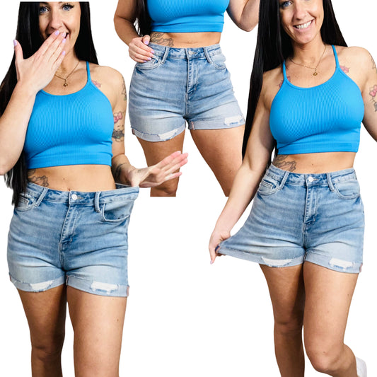 Judy Blue - "Katie" Light Blue High-Waisted Destroyed Cuff Shorts