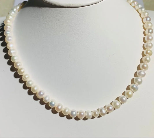 Fresh Water Medium-Sized Pearl Necklace w/ Rhodium Plated Closure - 16" +2