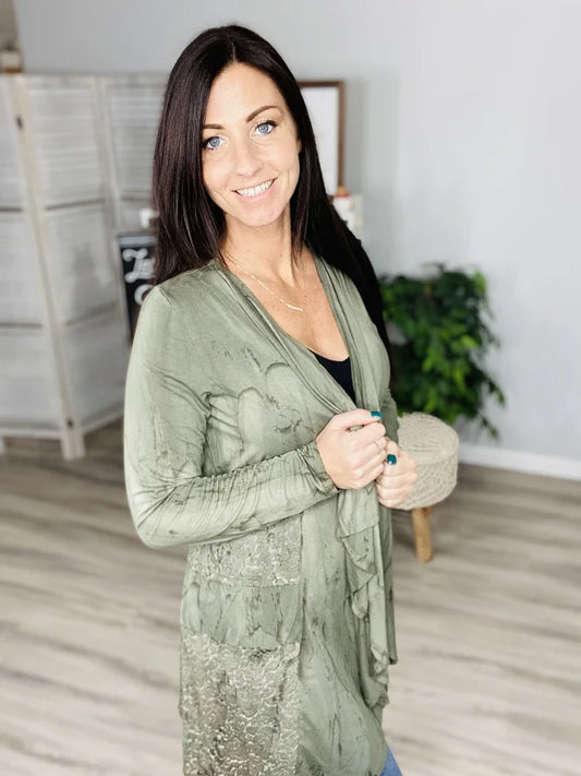 Reg. Olive Tie Dye & Lace Cardigan