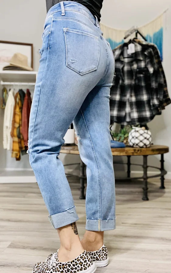 "Gwen" High-Rise Crossover Destroyed Boyfriend Jeans - Reg/Plus