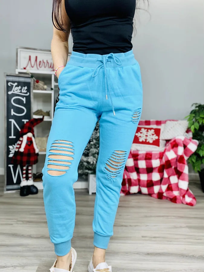 Reg/Plus Aqua Distressed Joggers w/ Drawstring & Pockets
