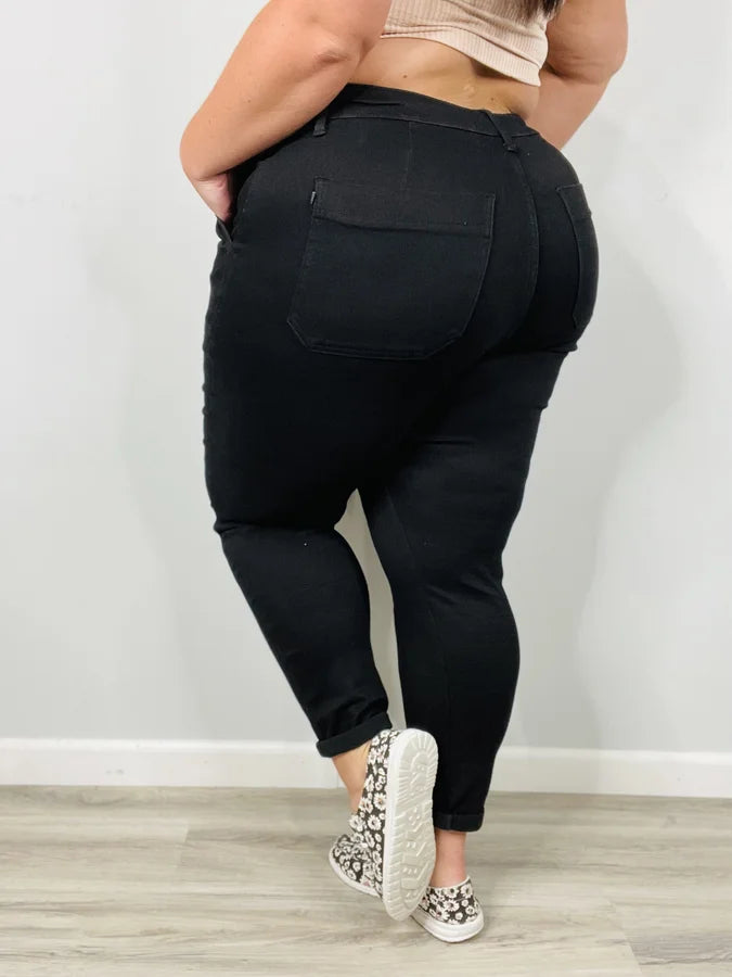 Judy Blue - "Penny" Jet Black High-Waisted Double Cuff Joggers