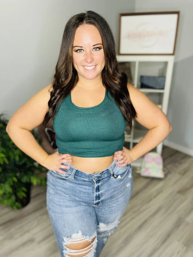 Reg. Deep Green Sleeveless Crop Top/Cardigan Sweater Set