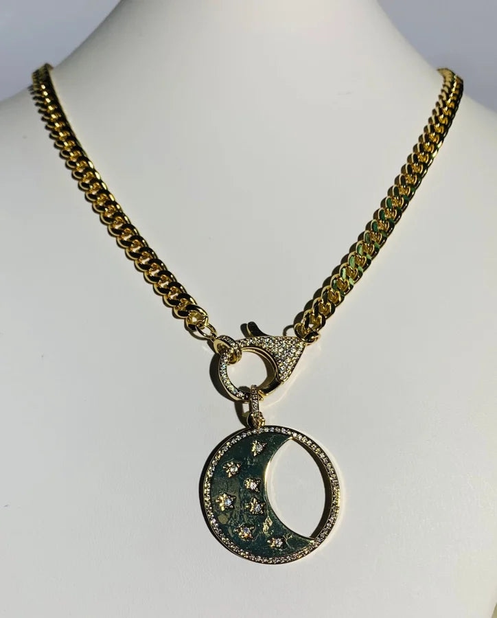 18 Kt. Gold Plated Cuban Link Chain w/ Cubic Zirconia Moon Pendant - 18-19"