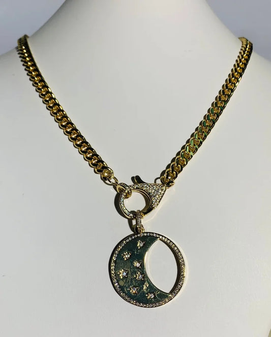 18 Kt. Gold Plated Cuban Link Chain w/ Cubic Zirconia Moon Pendant - 18-19"