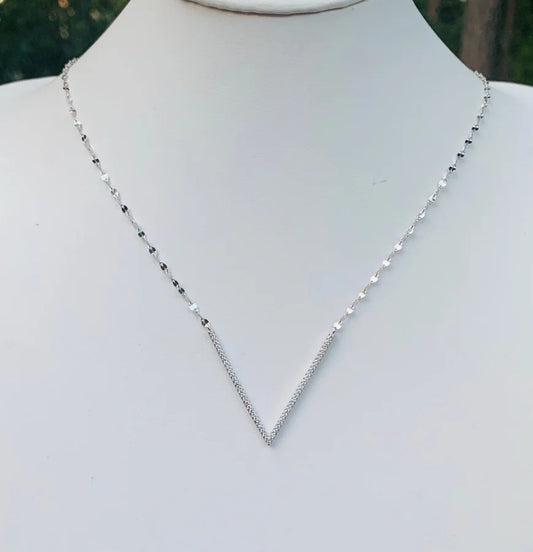 Sterling Silver Necklace w/ Pave Cubic Zirconia V-Shaped Pendant - 16-18"