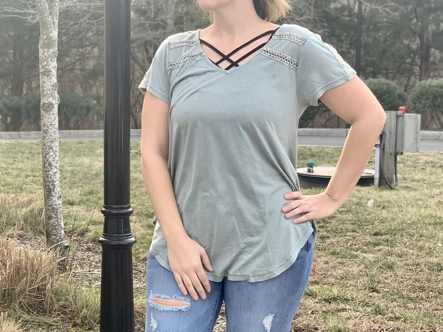 Sage Green Double Trim Short Sleeve Top