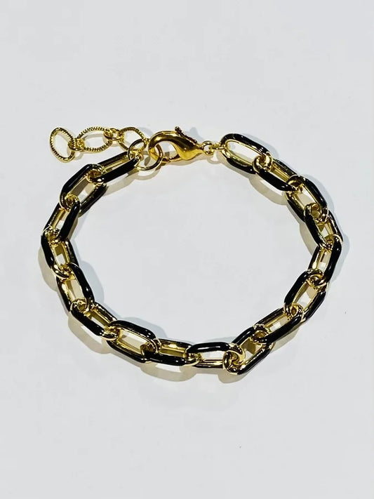 Gold Plated Oval Link Bracelet w/ Black Enamel - 7" +1