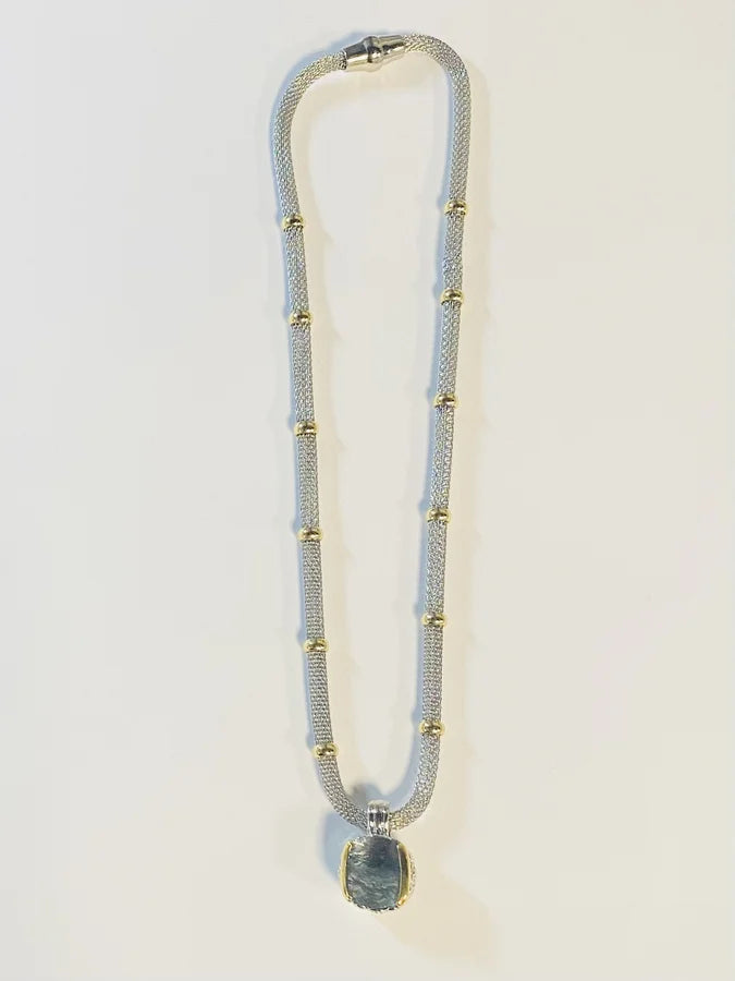 Mesh Chain Princess Cut Blue Cubic Zirconia Pendant Necklace - 16" +2
