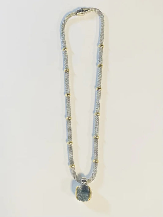 Mesh Chain Princess Cut Blue Cubic Zirconia Pendant Necklace - 16" +2
