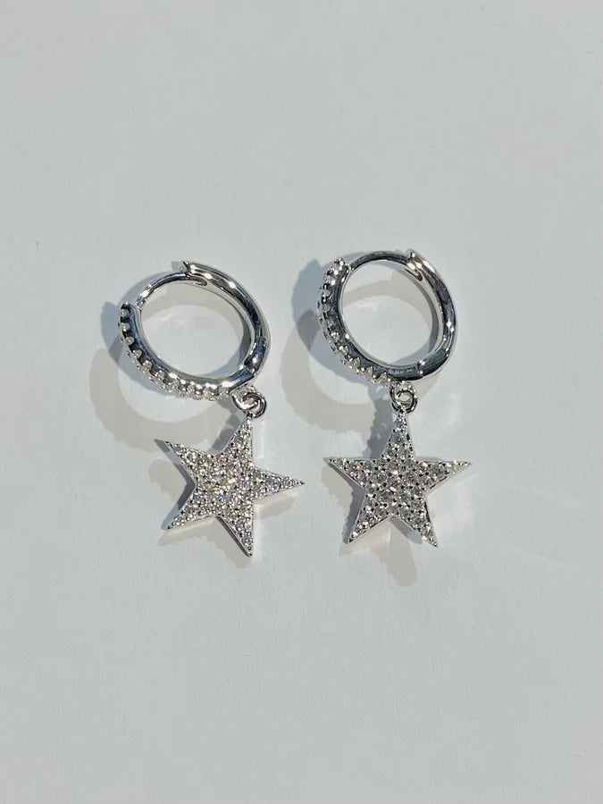 Sterling Silver Pave Cubic Zirconia Star Dangling Earrings