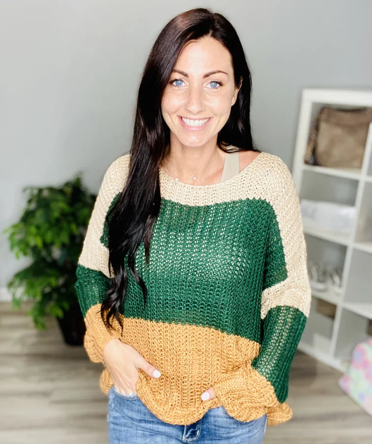 Reg. Beige/Dark Green/Apricot Striped Knit Sweater