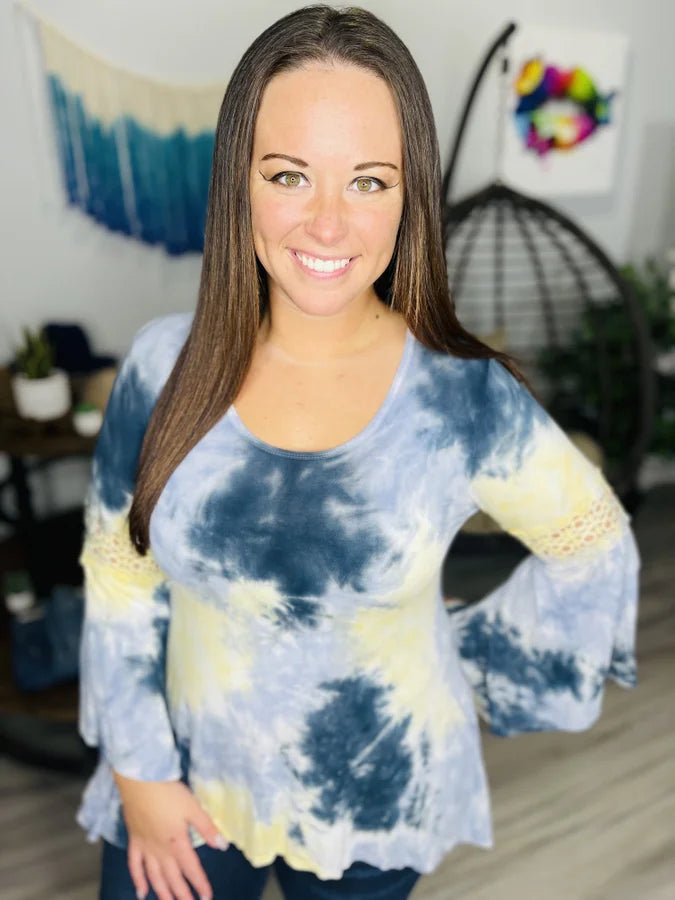 Reg. Blue/Yellow Tie Dye Bell Sleeve Top