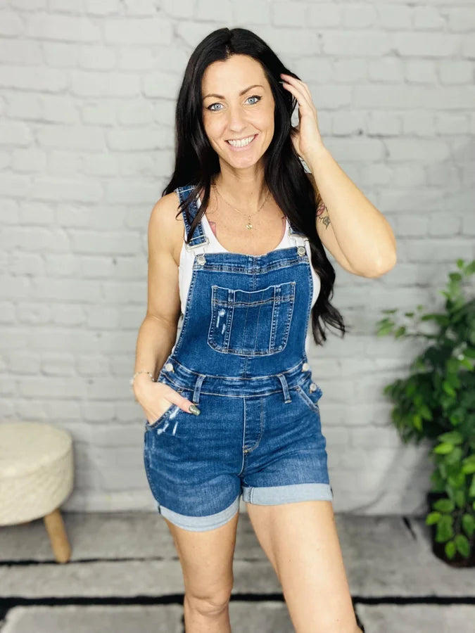 Judy Blue - "Maddie" Dark Blue High-Waisted Double Cuff Overall Shorts