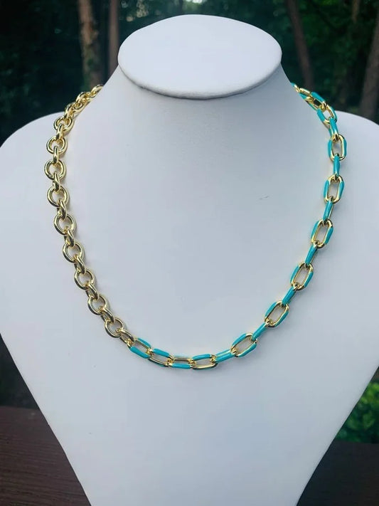 18 Kt. Gold Plated Turquoise Enamel Chain Necklace - 18"