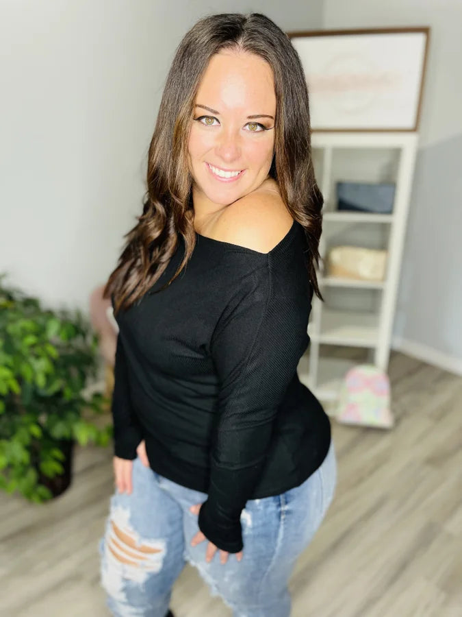 Reg. Black Off-the-Shoulder Long Sleeve Top