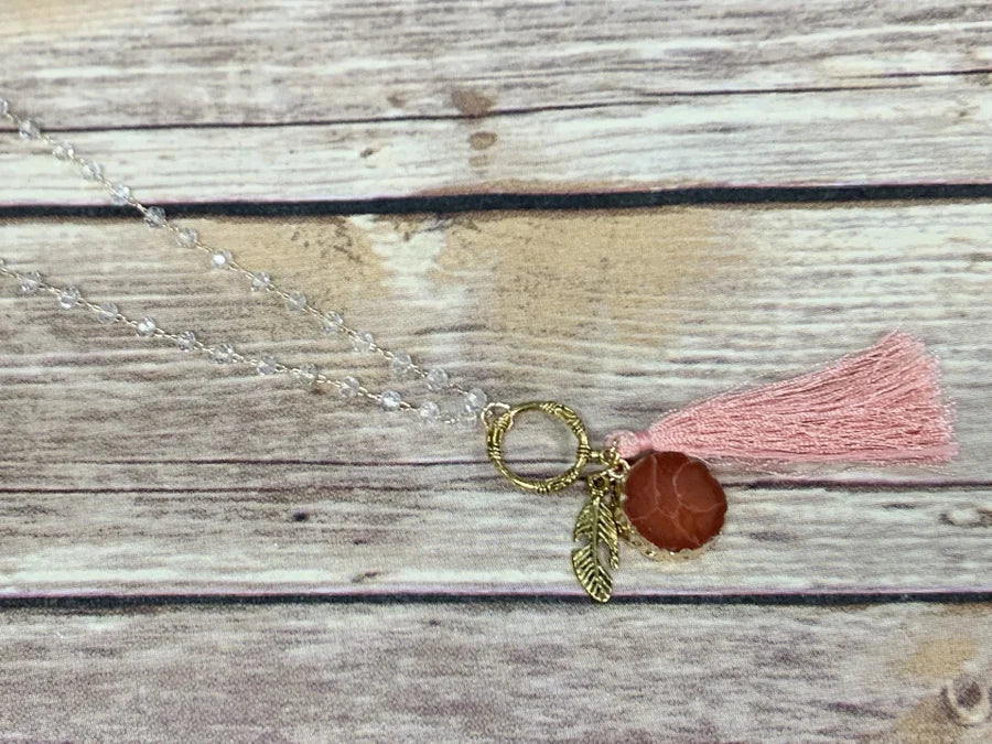 Just Peachy Beaded Necklace w/ Feather Charm/Peach Stone/Tassel