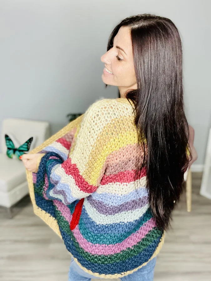 Reg. Ivory/Dark Multi Rainbow Thick Knit Cardigan