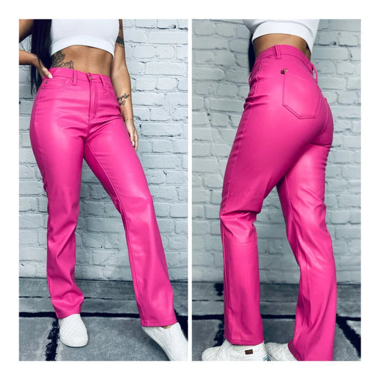 Judy Blue - "Rose" Pink High-Waisted Tummy Control Faux Leather Jeans