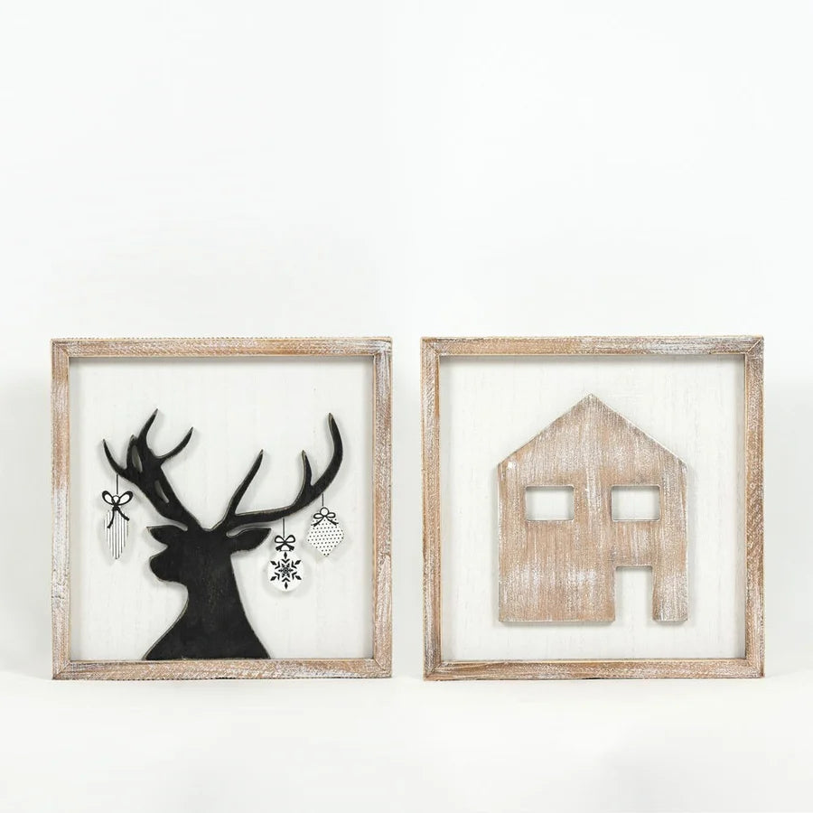 Deer/House Wooden Framed Sign - Reversible