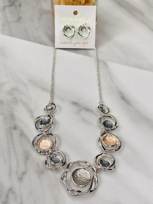 Silver Necklace/Earrings Set w/ Peach/Grey Enamel Circles by Periwinkle