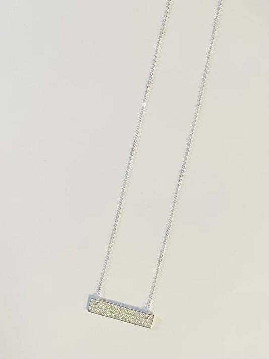 Rhodium Plated Sterling Silver Pave CZ Bar Necklace - 16" +2