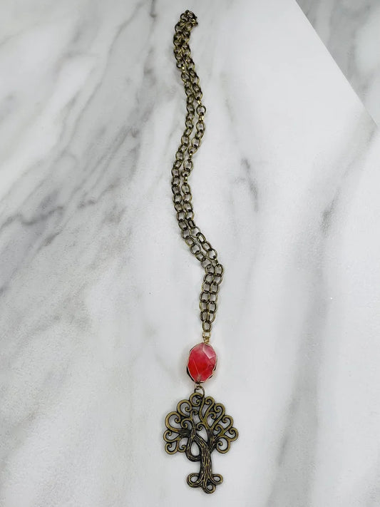 Antique Gold Necklace w/ Tree of Life Pendant & Pink Agate Stone