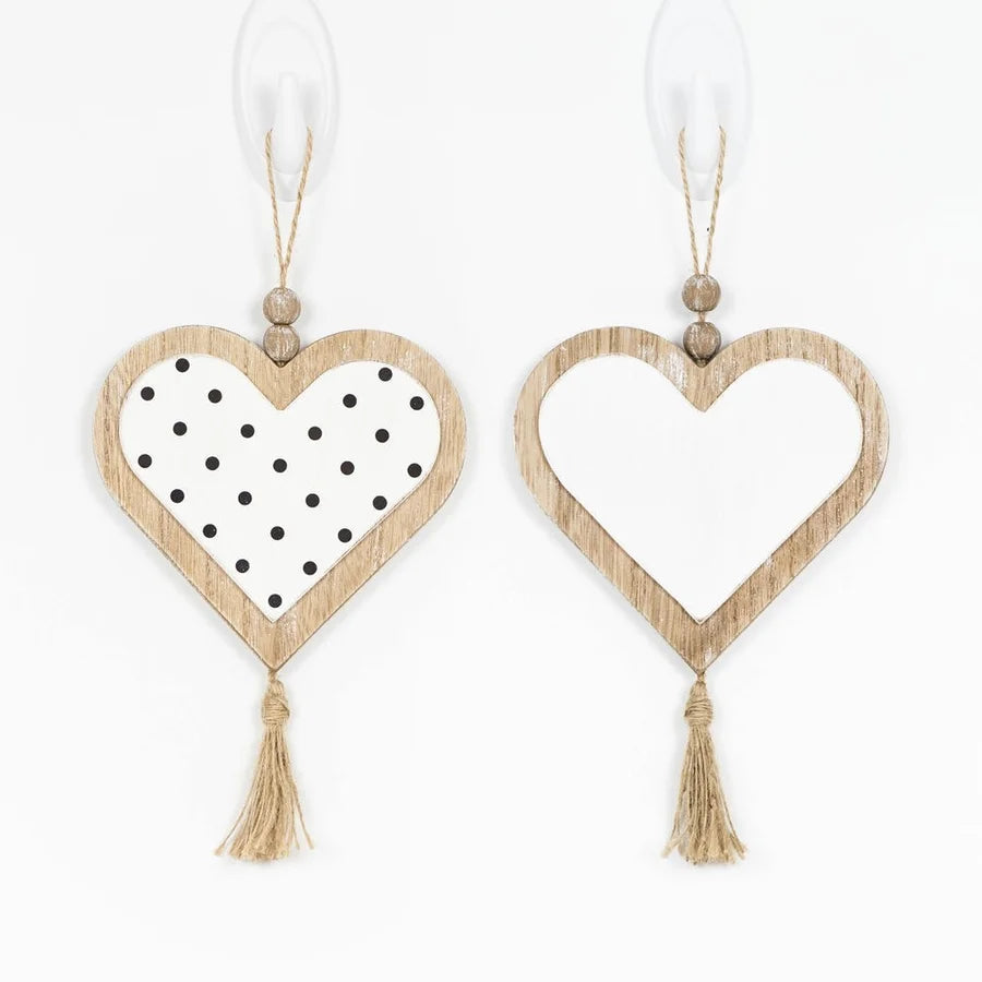 Black/White Heart Wooden Ornament w/ Tassels - Reversible