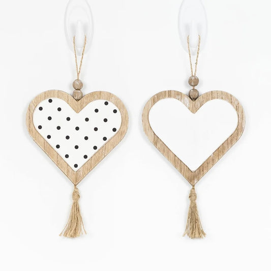 Black/White Heart Wooden Ornament w/ Tassels - Reversible