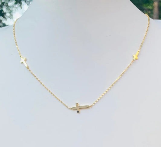 Sterling Silver Gold Plated 3-Side Cross Necklace - 16-18"