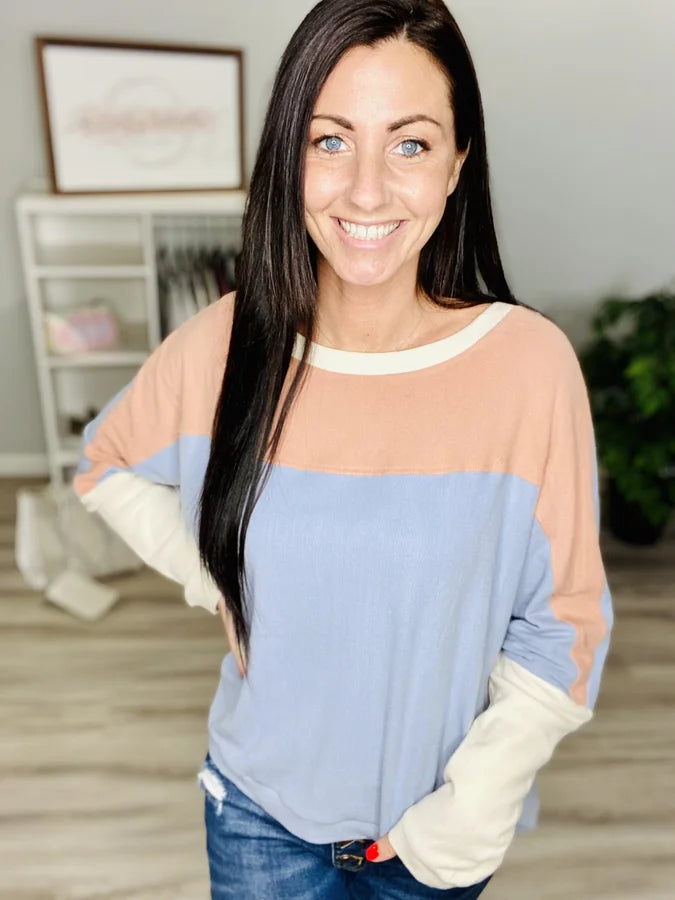 Reg Misty Blue/Peach Color Block Dolman Long Sleeve Top