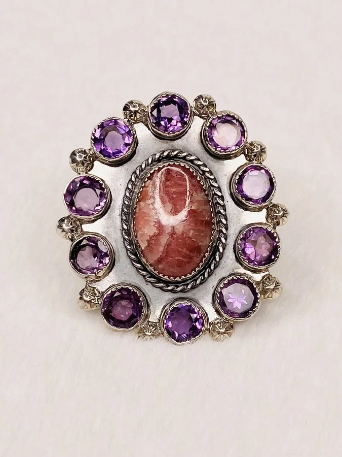 Natural Rhodochrosite & Amethyst Sterling Silver Ring - Size 9.5