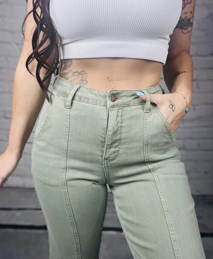 Judy Blue - "Rosemary" Sage High-Waisted Front Seam Straight Leg Jeans