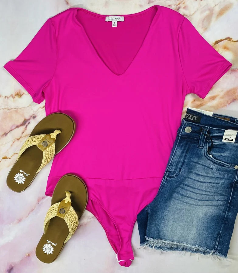 Fuchsia Short Sleeve V-Neck Bodysuit
