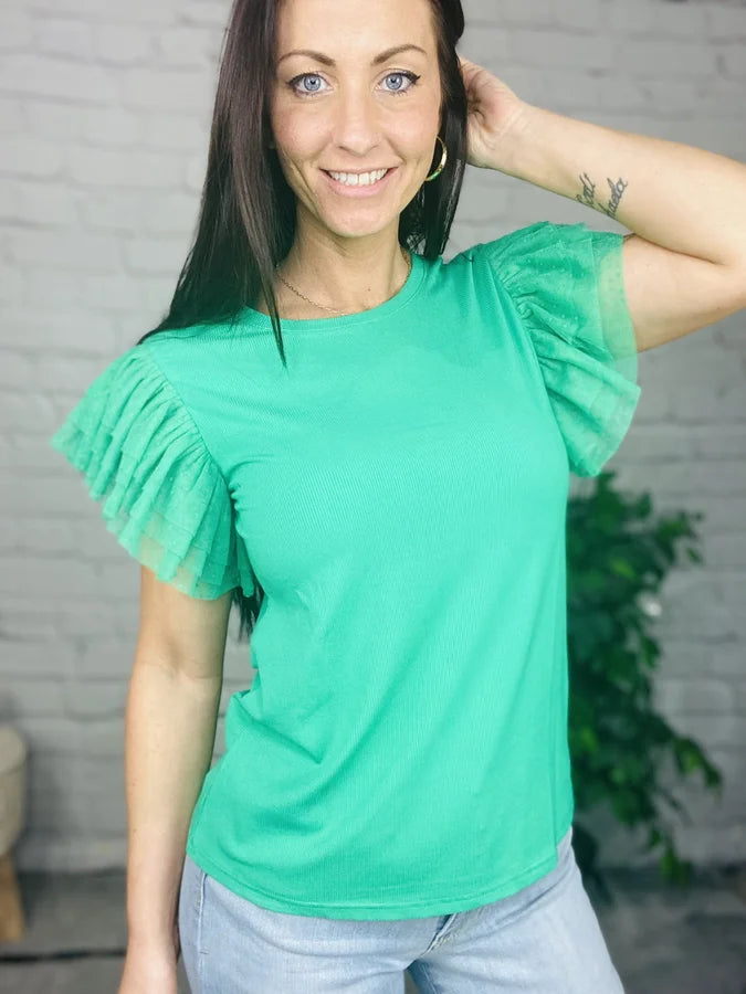 "Spring Fever" Kelly Green Ruffled Short Sleeve Top