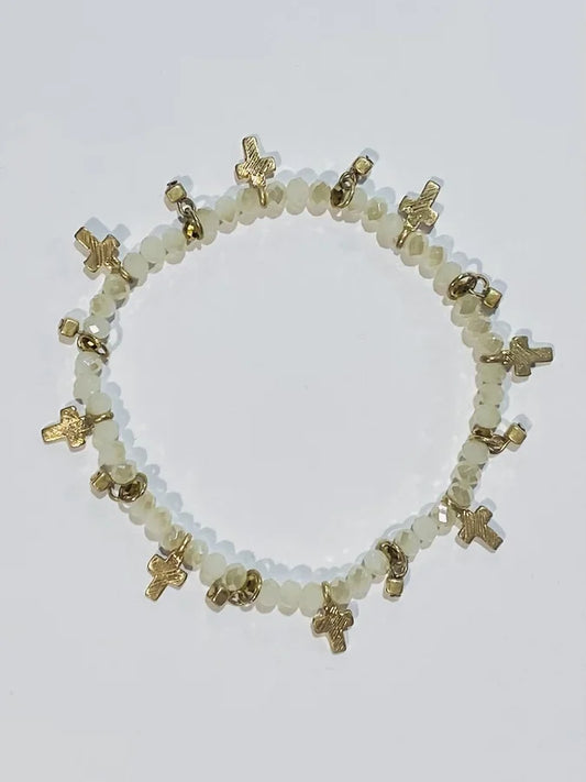 Cream Faceted Bracelet w/ Gold Crosses