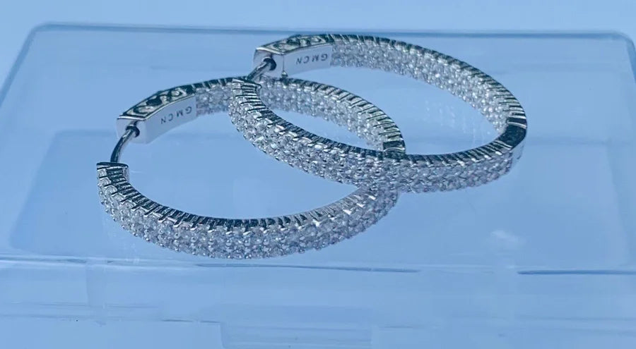 Sterling Silver In & Out Fancy Cut Cubic Zirconia Hoop Earrings - 30MM