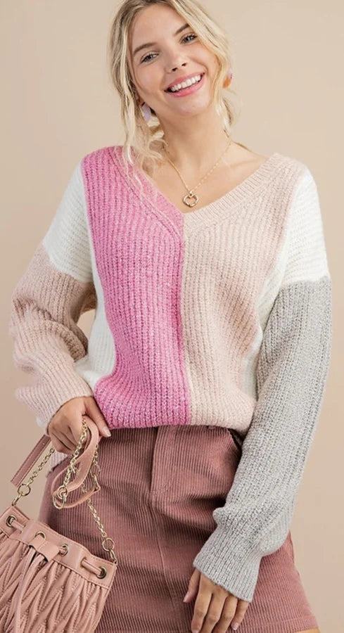 Pink/Ivory Color Block Sweater