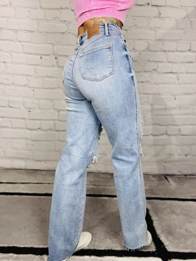 Judy Blue - "Brittany" Medium Blue Rigid Magic High-Waisted Destroyed 90s Straight Leg Jeans