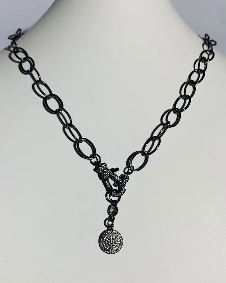 Gunmetal Plated Chain w/ Pave Cubic Zirconia Closure & Charm - 18"