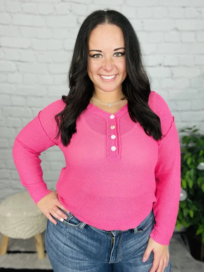 "Mesh Around" Fuchsia Knit Long Sleeve Top
