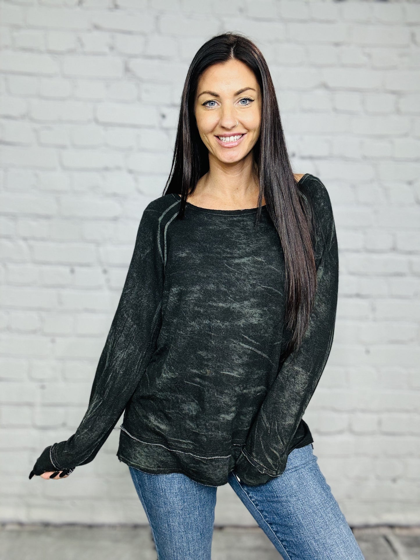 Reg. Black/Sage Tie Dye Long Sleeve Top