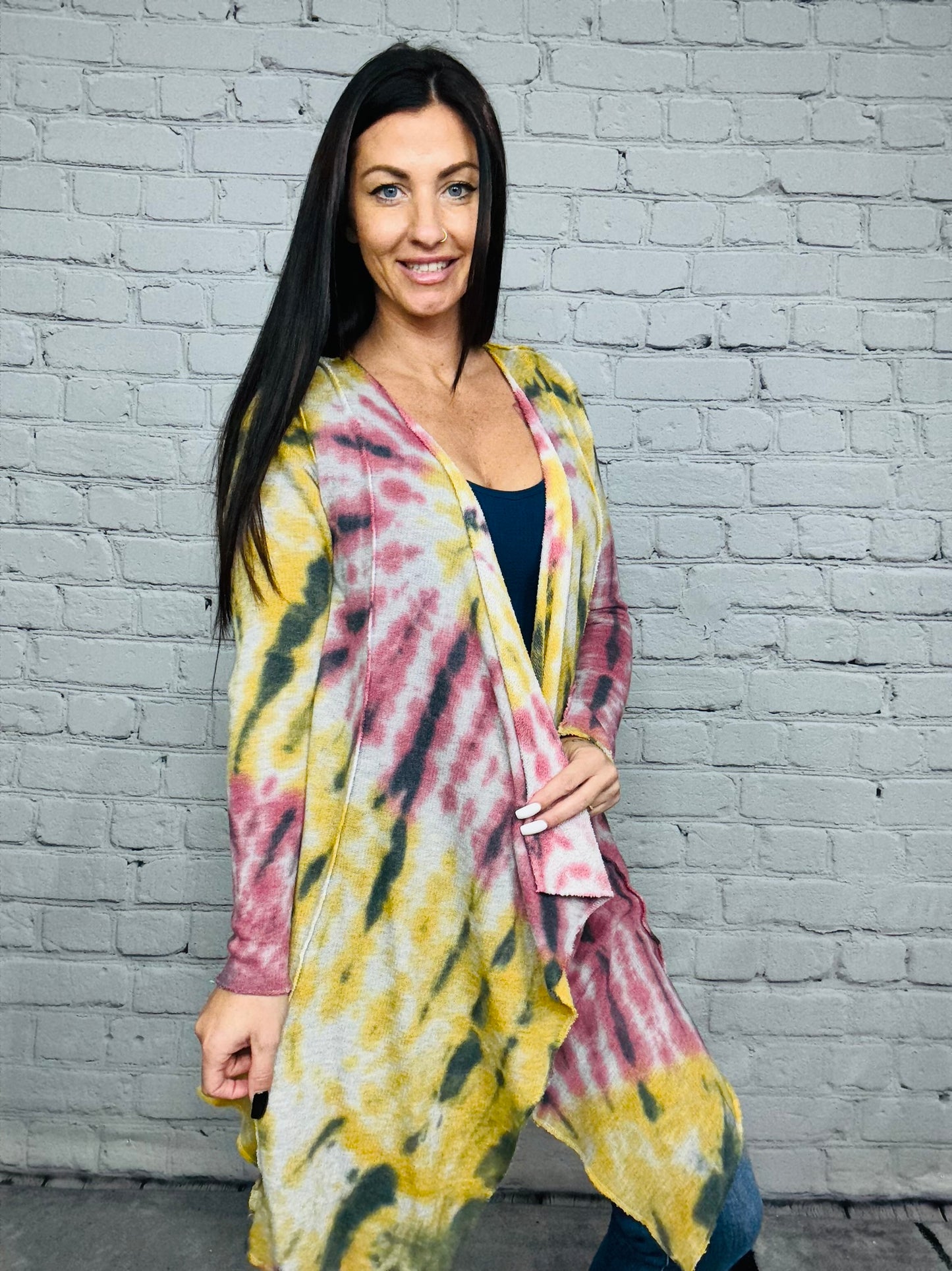Heather Grey/Mustard/Mauve Tie Dye Cardigan