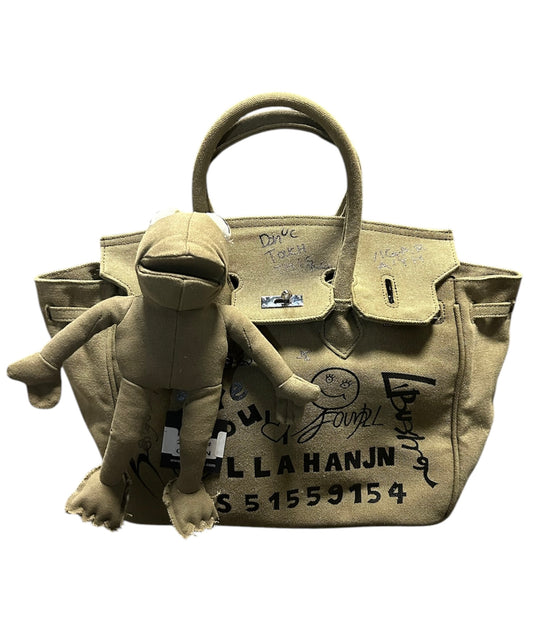 BC Handbags Olive Green Large Canvas Bag w/ Removable Plush Frog