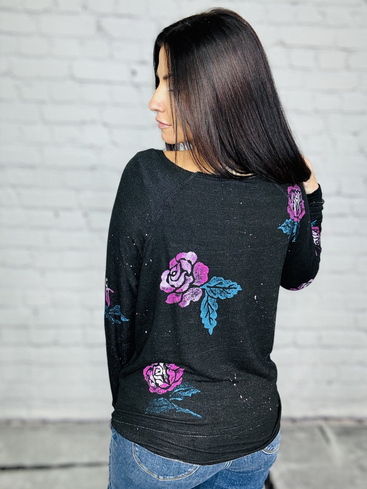 Reg/Plus Black Long Sleeve Top w/ Purple Roses & Paint Splatter Detail