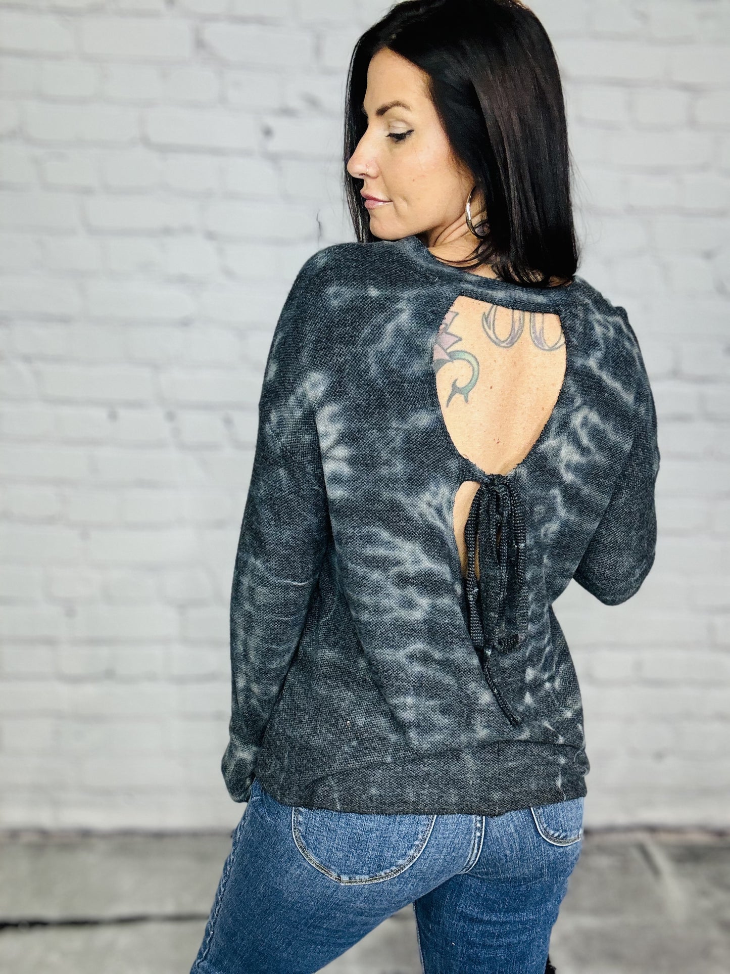 Black/Charcoal Tie Dye Long Sleeve Top w/ Open Tie Back Detail