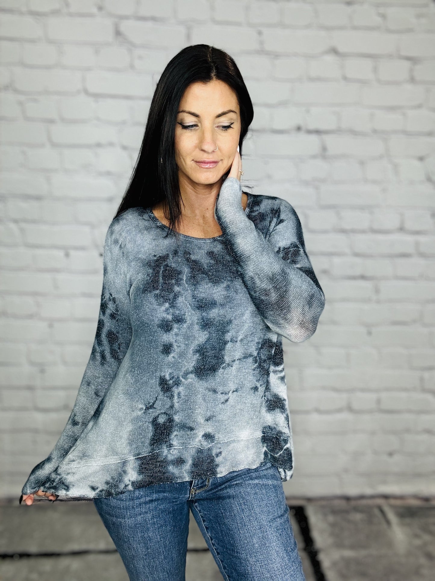 Reg. Navy Tie Dye Knit Long Sleeve Top
