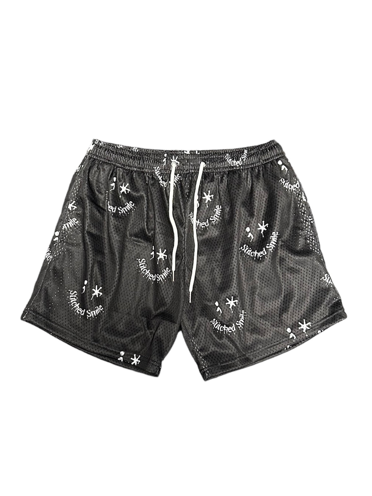 Stitched Smile Black Mesh Shorts