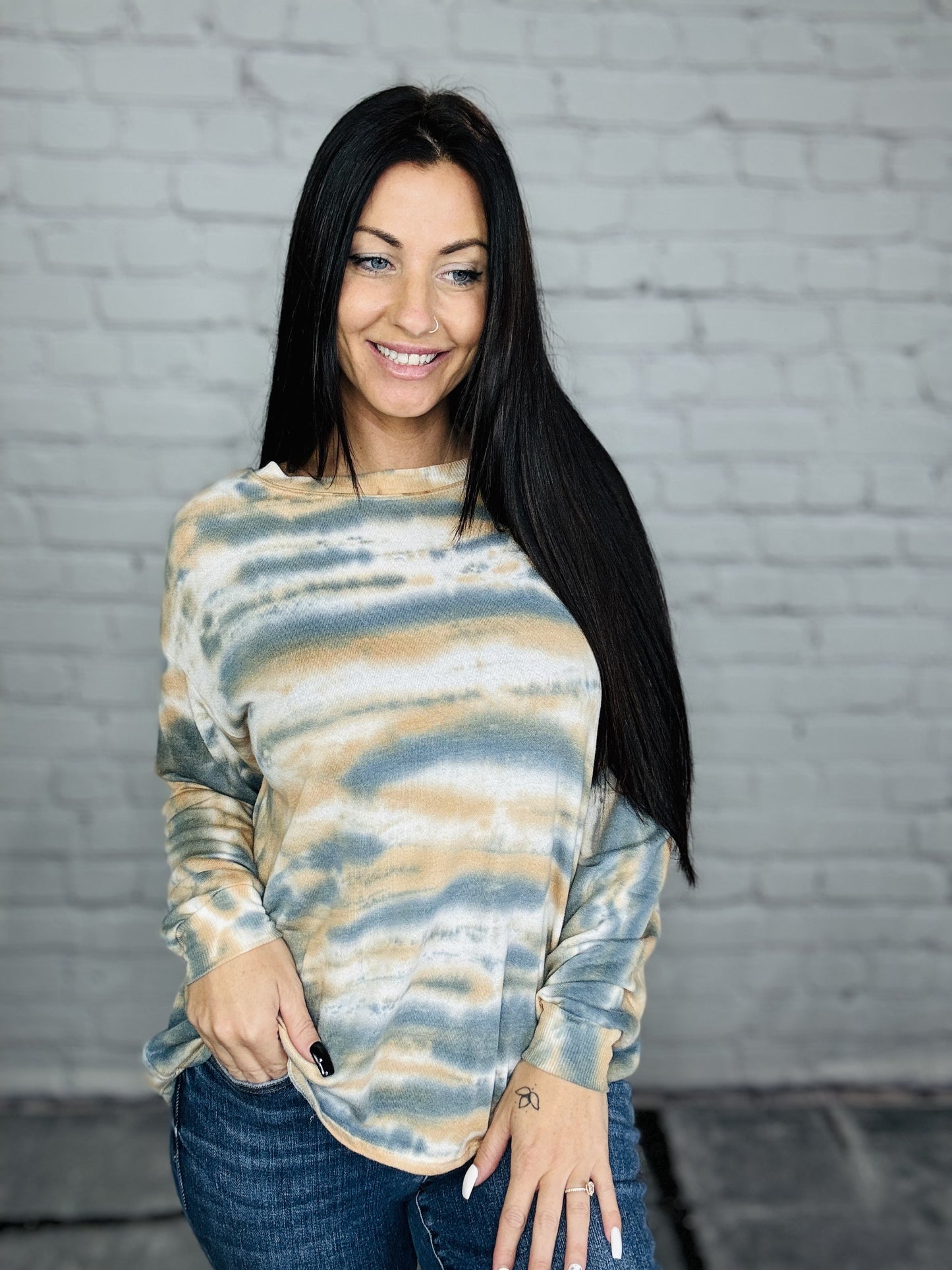 Burnt Orange/Ocean Blue Watercolor Tie Dye Long Sleeve Top