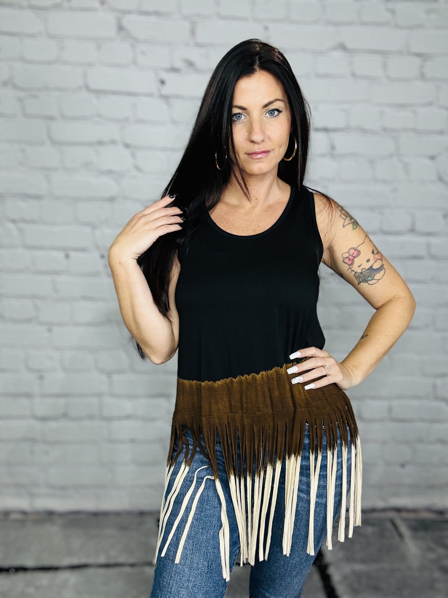 Black/Brown/Ivory Dip Dye Sleeveless Top w/ Fringe Detail